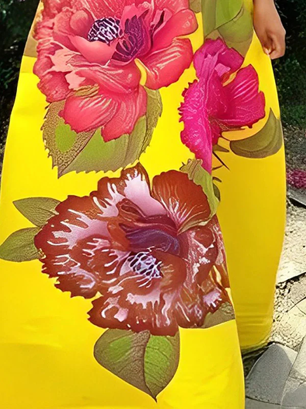 A-Line Sleeveless Flower Print Split-Joint V-Neck Maxi Dresses - Image 3