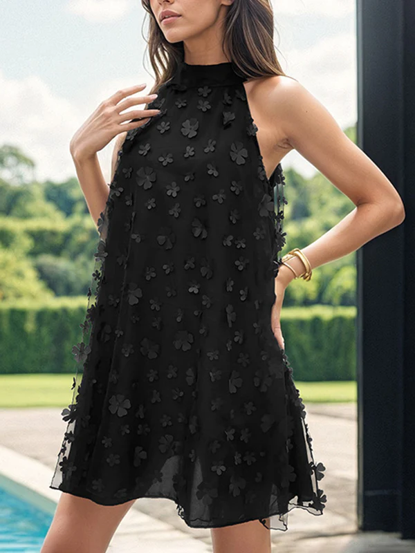 A-line Sleeveless Mesh Solid Color Split-Joint Three-Dimensional Flower Halter-Neck Mini Dresses - Image 2