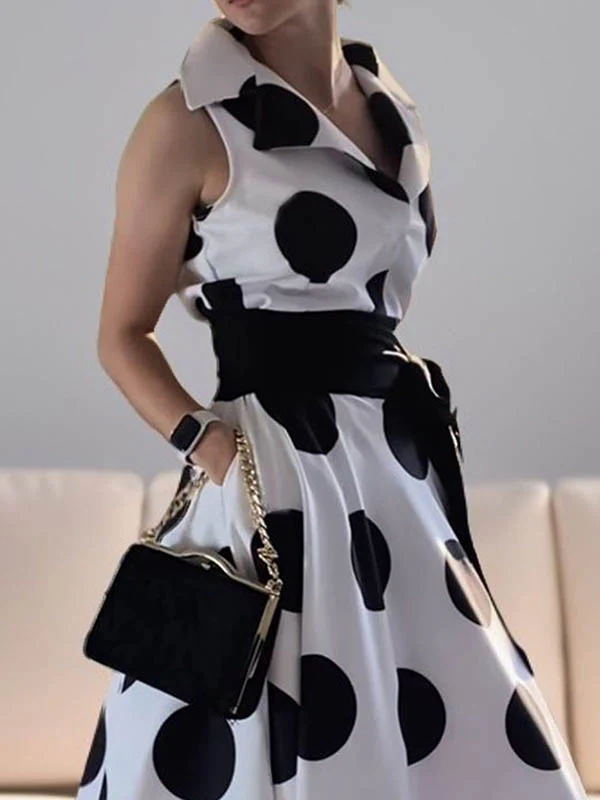 A-Line Sleeveless Polka-Dot Split-Joint Tied Waist Lapel Maxi Dresses Shirt Dress - Image 2