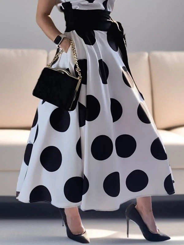 A-Line Sleeveless Polka-Dot Split-Joint Tied Waist Lapel Maxi Dresses Shirt Dress - Image 3