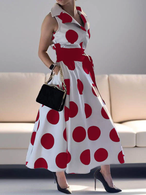 A-Line Sleeveless Polka-Dot Split-Joint Tied Waist Lapel Maxi Dresses Shirt Dress - Image 4