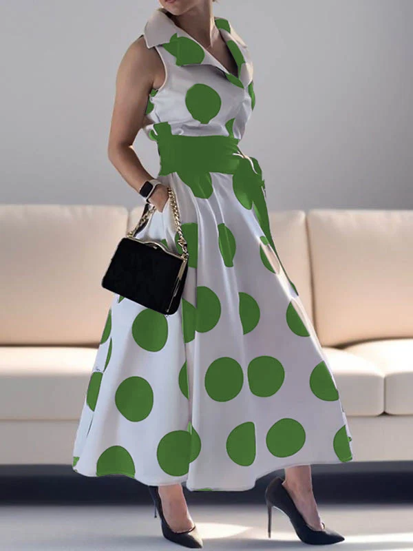 A-Line Sleeveless Polka-Dot Split-Joint Tied Waist Lapel Maxi Dresses Shirt Dress - Image 5