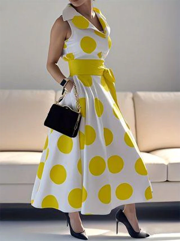 A-Line Sleeveless Polka-Dot Split-Joint Tied Waist Lapel Maxi Dresses Shirt Dress - Image 6