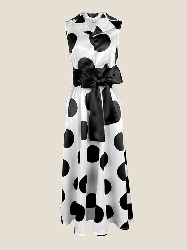 A-Line Sleeveless Polka-Dot Split-Joint Tied Waist Lapel Maxi Dresses Shirt Dress - Image 7