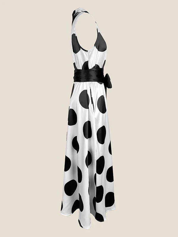 A-Line Sleeveless Polka-Dot Split-Joint Tied Waist Lapel Maxi Dresses Shirt Dress - Image 8