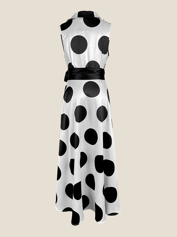 A-Line Sleeveless Polka-Dot Split-Joint Tied Waist Lapel Maxi Dresses Shirt Dress - Image 9