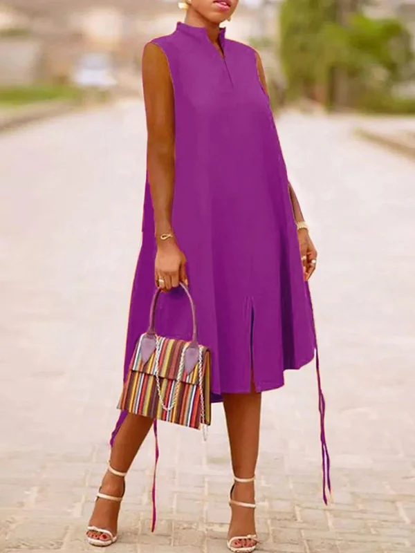 A-Line Sleeveless Solid Color Split-Joint Split-Side Streamer V-Neck Midi Dresses - Image 2