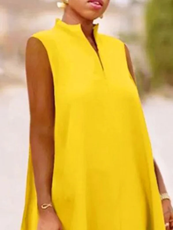 A-Line Sleeveless Solid Color Split-Joint Split-Side Streamer V-Neck Midi Dresses - Image 3