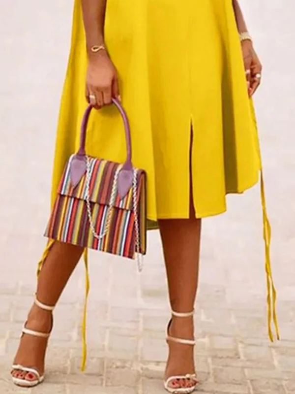 A-Line Sleeveless Solid Color Split-Joint Split-Side Streamer V-Neck Midi Dresses - Image 4