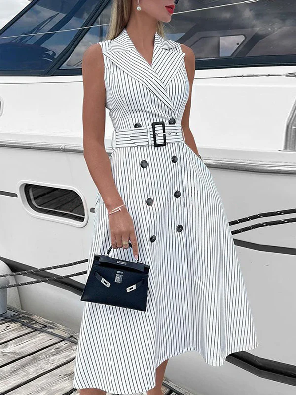 A-Line Sleeveless Split-Joint Striped Tied Waist Lapel Midi Dresses Shirt Dress - Image 2