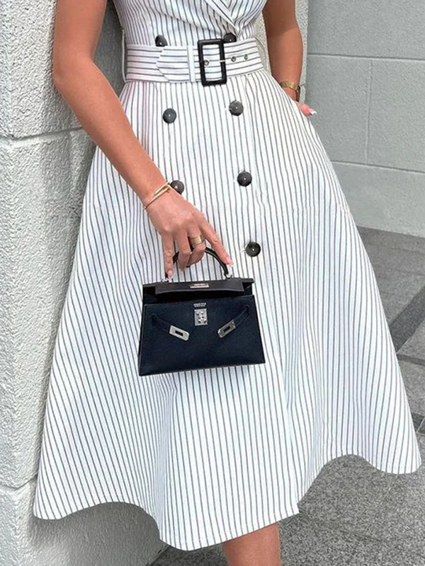 A-Line Sleeveless Split-Joint Striped Tied Waist Lapel Midi Dresses Shirt Dress - Image 4