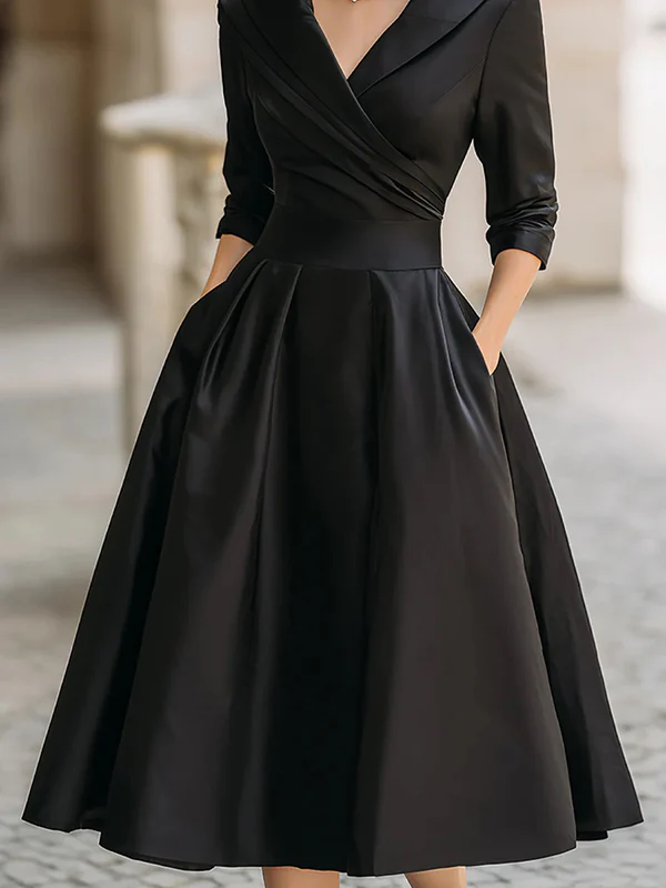 A-Line Three-Quarter Sleeves Pleated Pockets Solid Color V-Neck Midi Dresses - Image 2