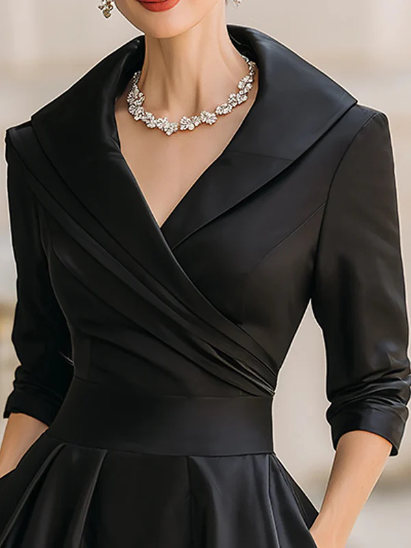 A-Line Three-Quarter Sleeves Pleated Pockets Solid Color V-Neck Midi Dresses - Image 3