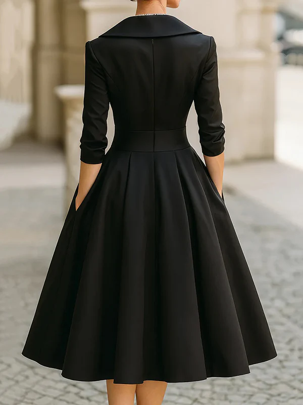 A-Line Three-Quarter Sleeves Pleated Pockets Solid Color V-Neck Midi Dresses - Image 4