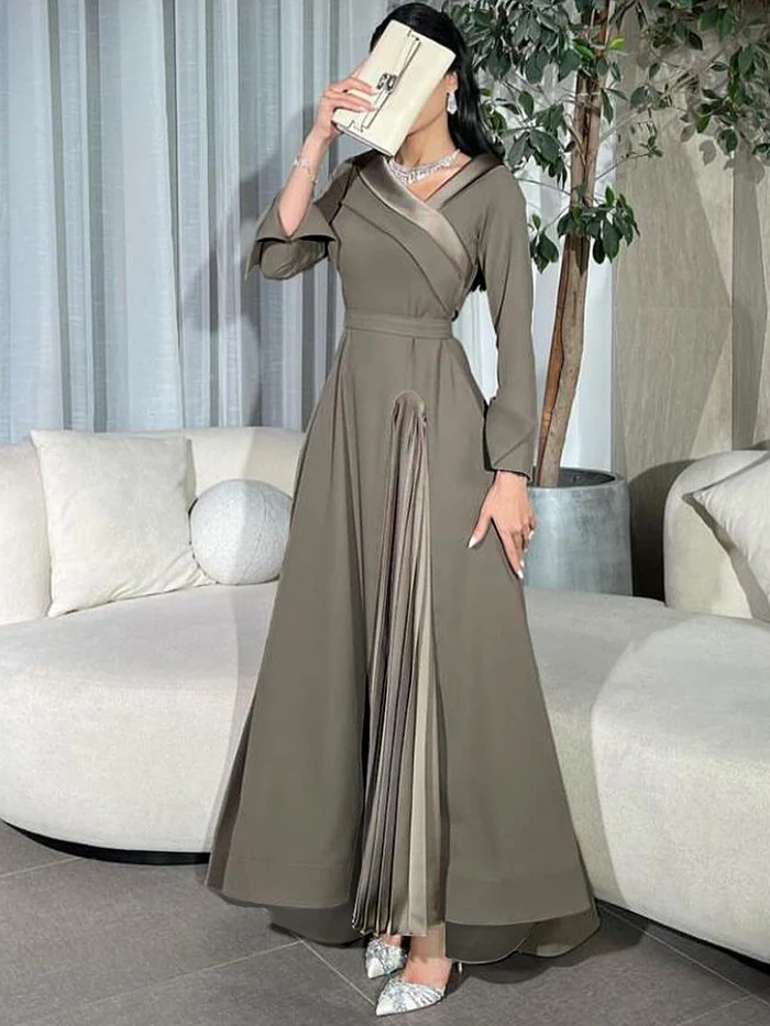 A-Line Wrap Pleated Solid Color Split-Joint V-Neck Maxi Dresses - Image 4