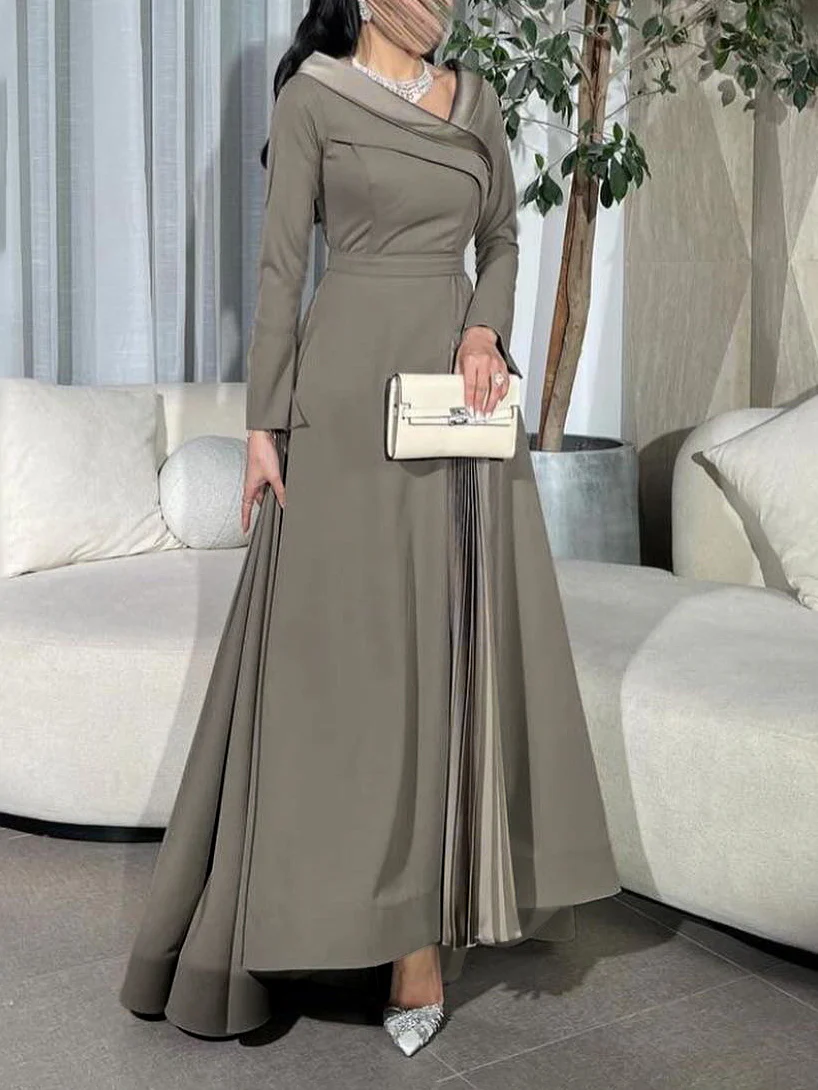 A-Line Wrap Pleated Solid Color Split-Joint V-Neck Maxi Dresses - Image 5