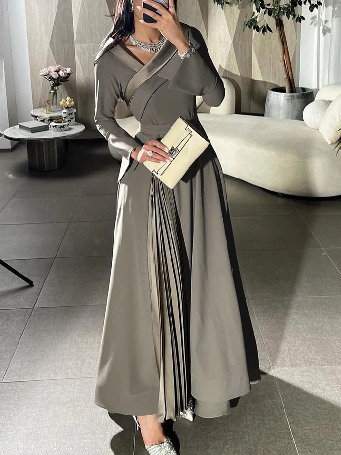 A-Line Wrap Pleated Solid Color Split-Joint V-Neck Maxi Dresses - Image 6