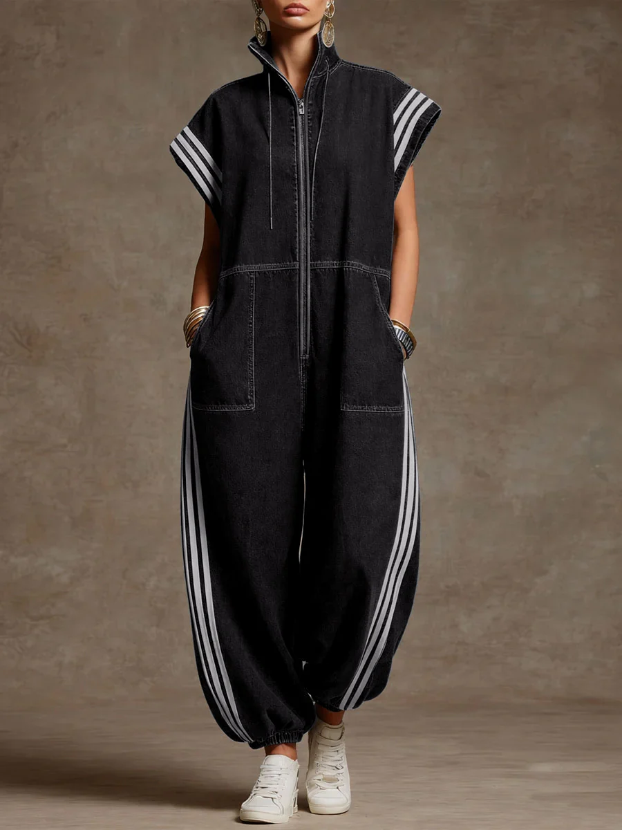 Ankle-Tied Loose Contrast Color Pockets Split-Joint Striped Zipper Stand Collar Jumpsuits - Image 2