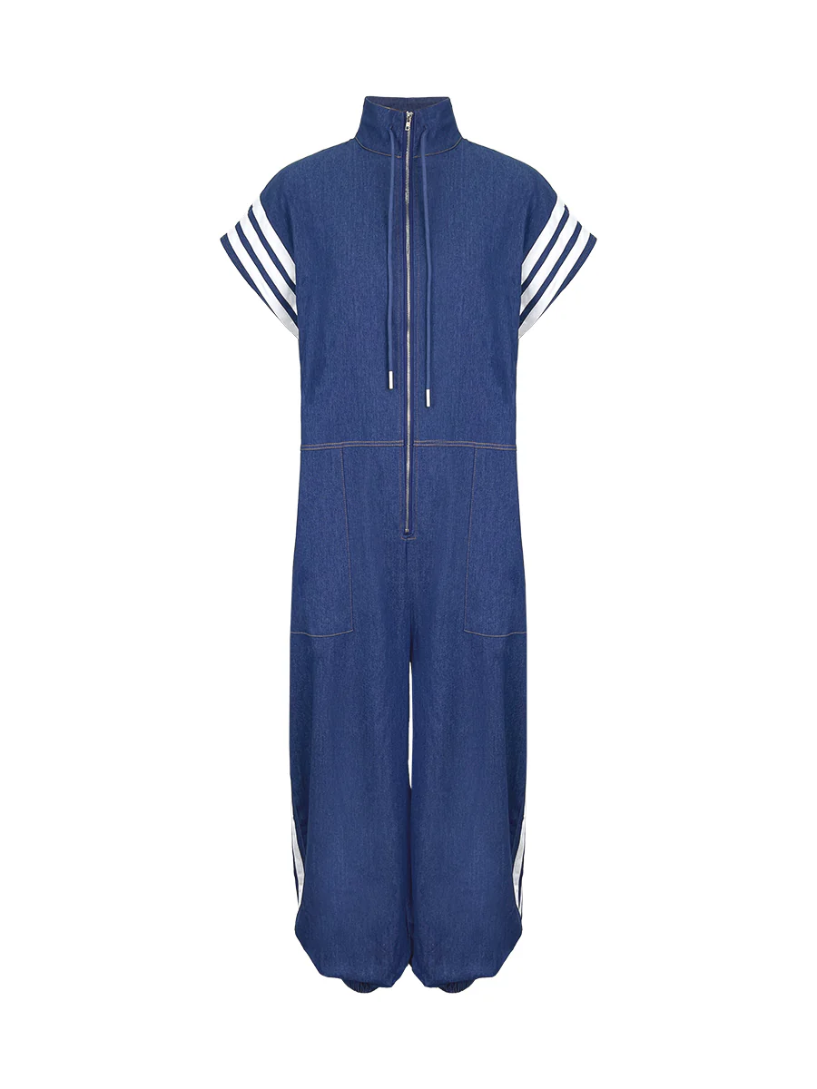Ankle-Tied Loose Contrast Color Pockets Split-Joint Striped Zipper Stand Collar Jumpsuits - Image 3
