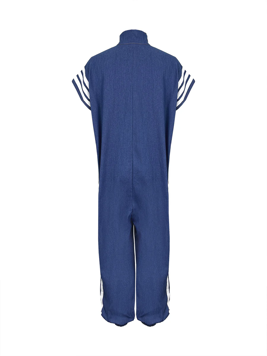 Ankle-Tied Loose Contrast Color Pockets Split-Joint Striped Zipper Stand Collar Jumpsuits - Image 4