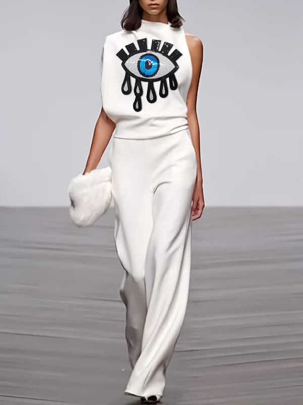 Applique Asymmetric Embroidered Figure Mock Neck Blouses&shirts Tops - Image 2