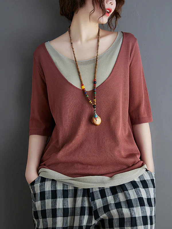 Artistic False Two Loose Ramie Cotton Half Sleeve Shirt - Image 10