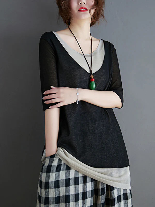 Artistic False Two Loose Ramie Cotton Half Sleeve Shirt - Image 11
