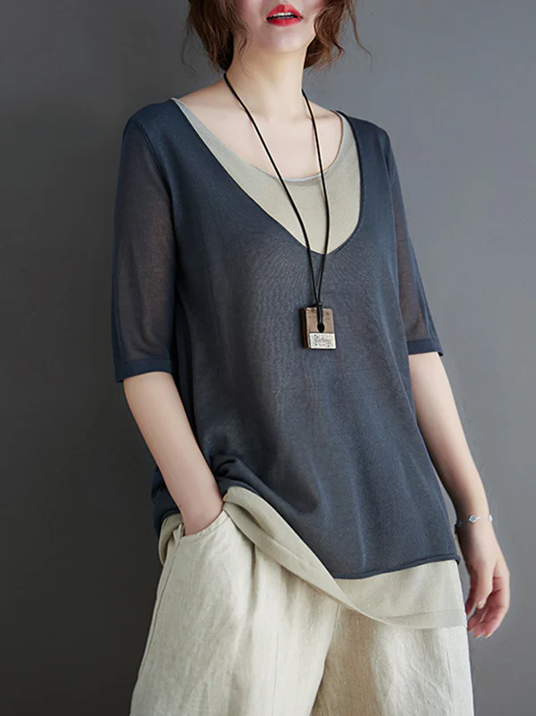 Artistic False Two Loose Ramie Cotton Half Sleeve Shirt - Image 12
