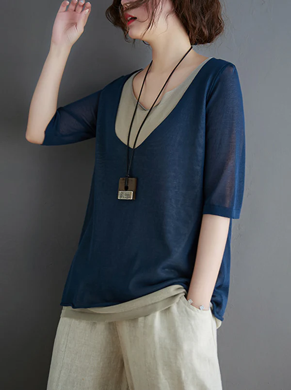 Artistic False Two Loose Ramie Cotton Half Sleeve Shirt - Image 13