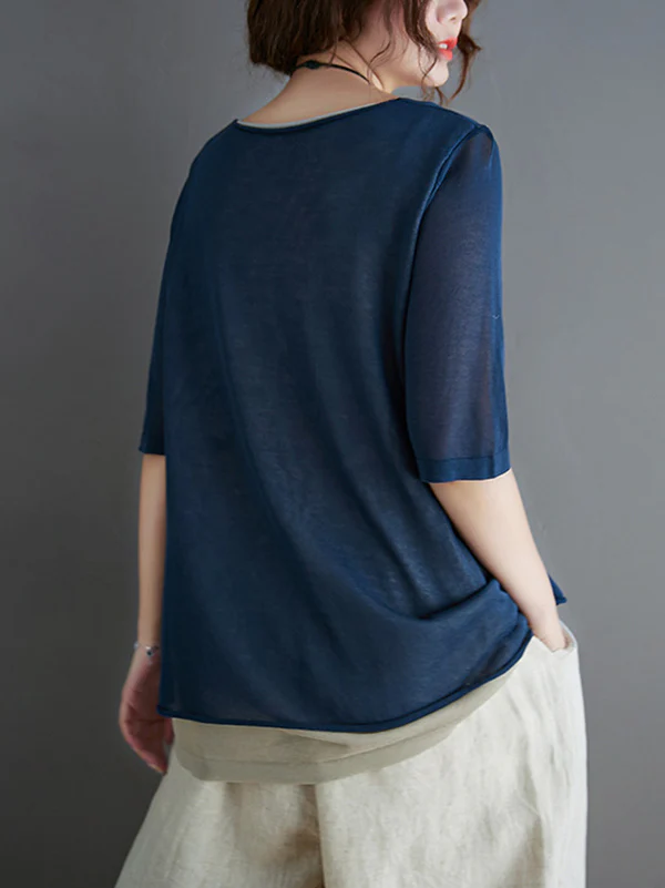 Artistic False Two Loose Ramie Cotton Half Sleeve Shirt - Image 14