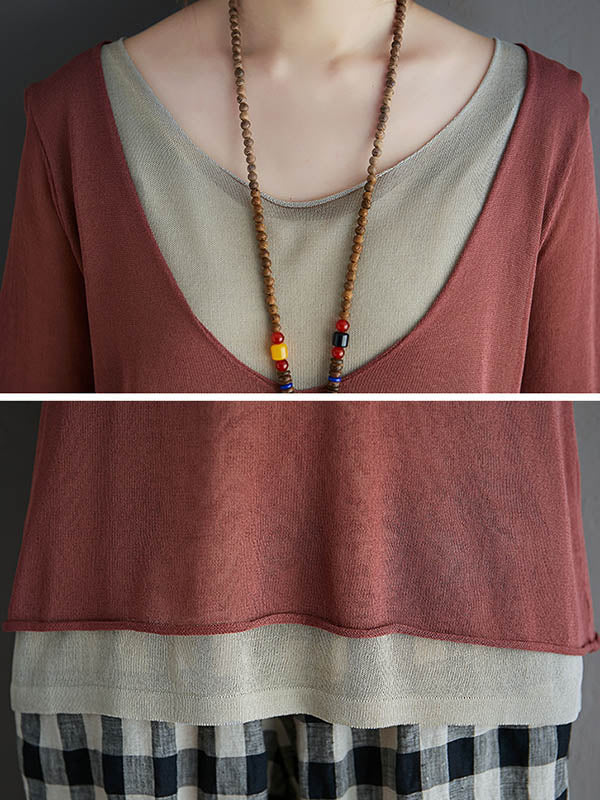 Artistic False Two Loose Ramie Cotton Half Sleeve Shirt - Image 16