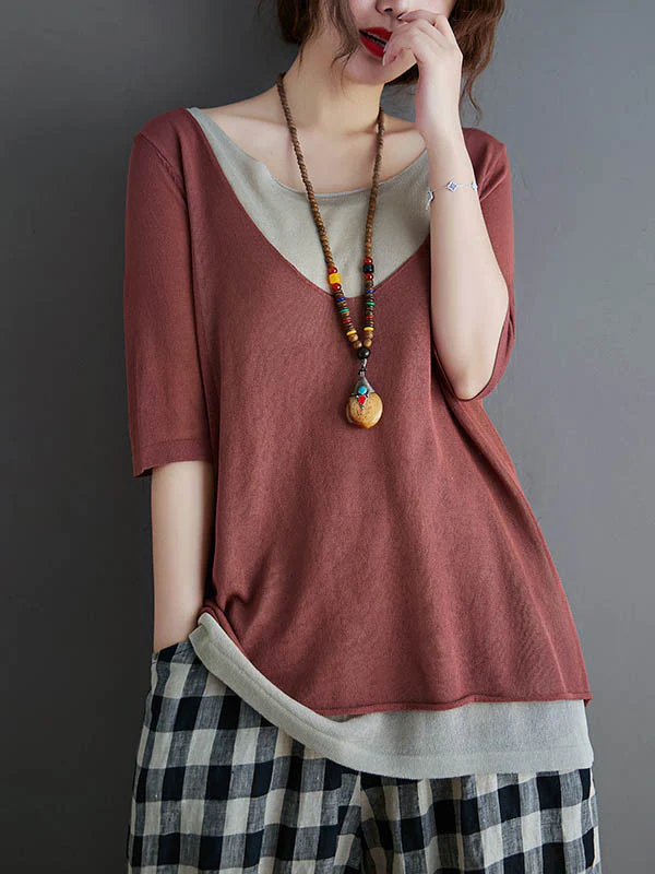 Artistic False Two Loose Ramie Cotton Half Sleeve Shirt - Image 2