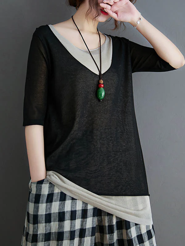 Artistic False Two Loose Ramie Cotton Half Sleeve Shirt - Image 3