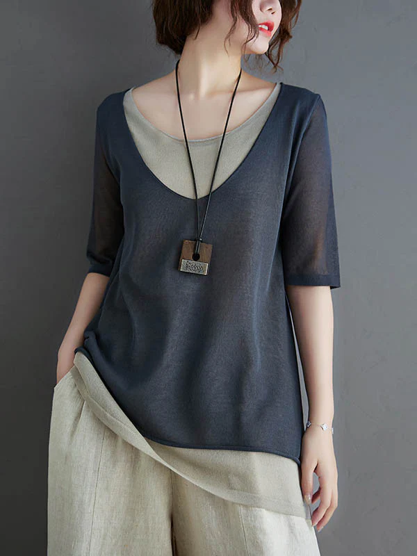 Artistic False Two Loose Ramie Cotton Half Sleeve Shirt - Image 4