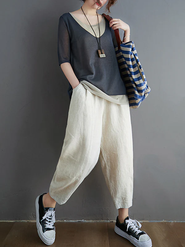 Artistic False Two Loose Ramie Cotton Half Sleeve Shirt - Image 5