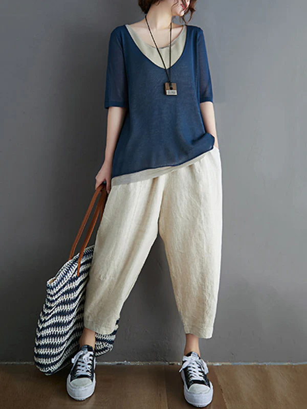 Artistic False Two Loose Ramie Cotton Half Sleeve Shirt - Image 6