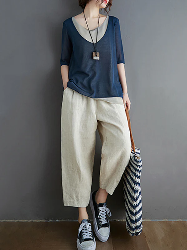 Artistic False Two Loose Ramie Cotton Half Sleeve Shirt - Image 7