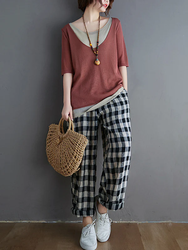 Artistic False Two Loose Ramie Cotton Half Sleeve Shirt - Image 8