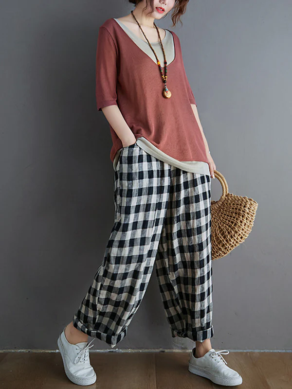 Artistic False Two Loose Ramie Cotton Half Sleeve Shirt - Image 9