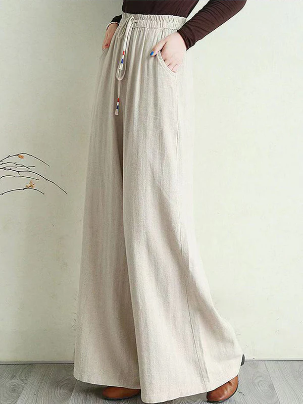 Artistic Ramie Cotton Drawstring Elasticity Loose Wide-Leg Pants - Image 3