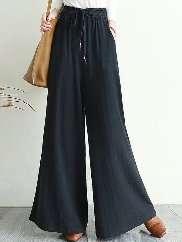 Artistic Ramie Cotton Drawstring Elasticity Loose Wide-Leg Pants - Image 4