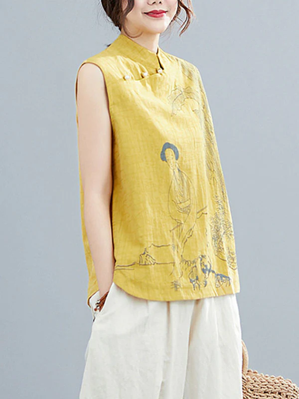 Artistic Retro Chinese-Style Printed Buttoned Stand Collar Sleeveless Vest - Image 10