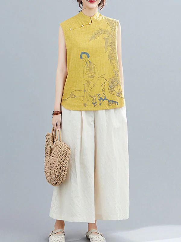 Artistic Retro Chinese-Style Printed Buttoned Stand Collar Sleeveless Vest - Image 11