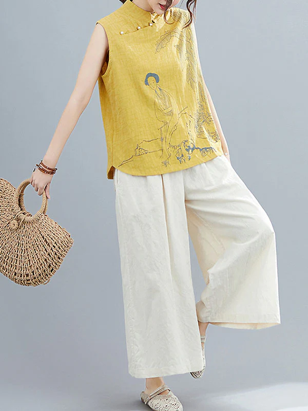 Artistic Retro Chinese-Style Printed Buttoned Stand Collar Sleeveless Vest - Image 12