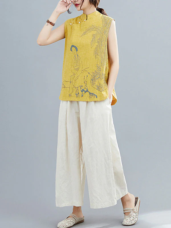 Artistic Retro Chinese-Style Printed Buttoned Stand Collar Sleeveless Vest - Image 13