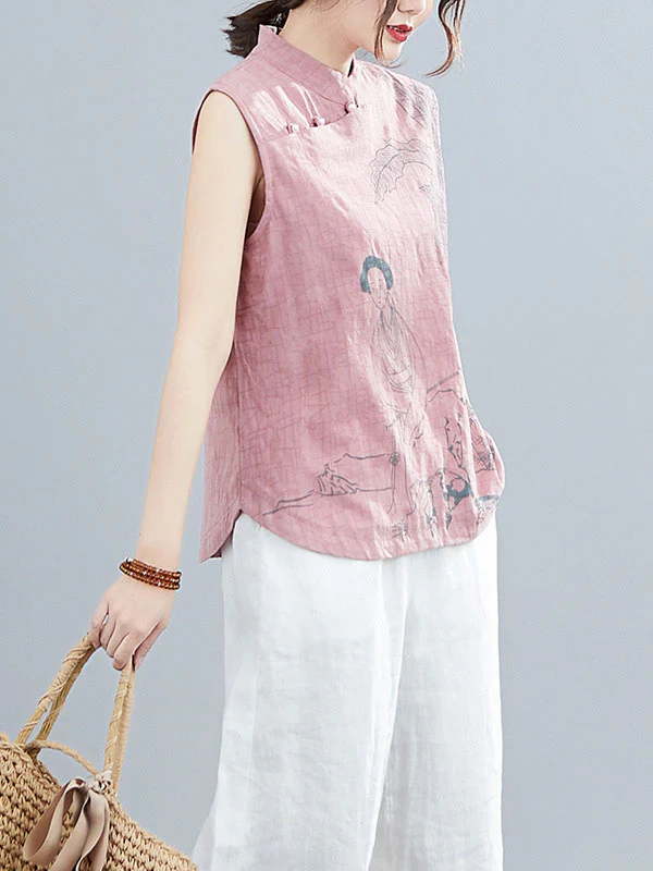 Artistic Retro Chinese-Style Printed Buttoned Stand Collar Sleeveless Vest - Image 15