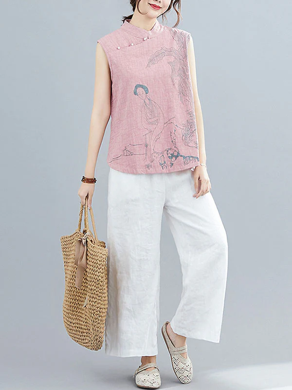 Artistic Retro Chinese-Style Printed Buttoned Stand Collar Sleeveless Vest - Image 16