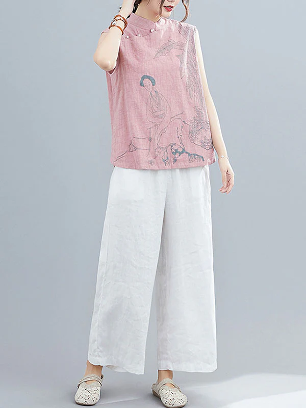Artistic Retro Chinese-Style Printed Buttoned Stand Collar Sleeveless Vest - Image 17