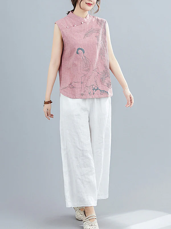 Artistic Retro Chinese-Style Printed Buttoned Stand Collar Sleeveless Vest - Image 18