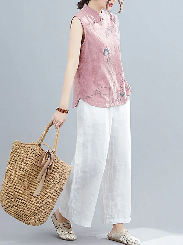 Artistic Retro Chinese-Style Printed Buttoned Stand Collar Sleeveless Vest - Image 19